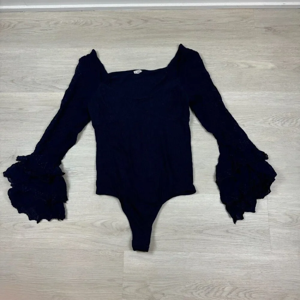 Free People Enchanted By You Bodysuit‎ Womens Medium Navy Ruffle Sleeve V Neck